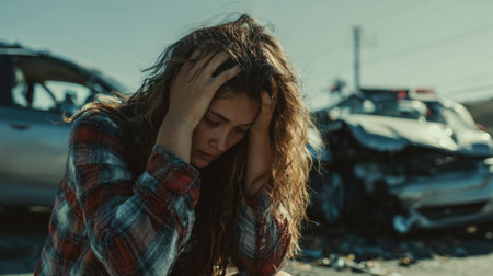 A woman with long, curly hair sits on the ground, visibly upset and holding her head in her hands after a car crash. Wrecked cars are scattered in the background.の素材