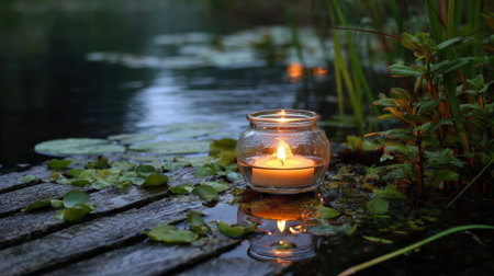 A candle burns gently in a jar beside a tranquil pond, illuminating the water and surrounding greenery. Lilypads float as the day transitions into night in this calming scene.の素材