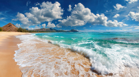 Waves gently crash on soft, golden sand at a picturesque beach. Lush mountains rise in the distance, framed by fluffy white clouds against a clear blue sky.の素材
