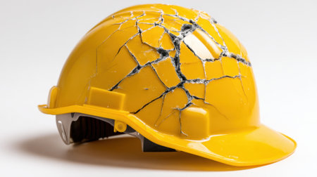 A yellow hard hat is cracked and damaged, illustrating the effects of rigorous activity on a construction site. This worn safety gear highlights the importance of protection.の素材