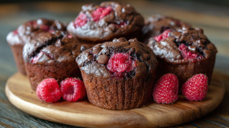 Delicious chocolate raspberry muffins are arranged on a wooden board. Fresh raspberries are scattered around the muffins, creating a warm and inviting kitchen scene.の素材