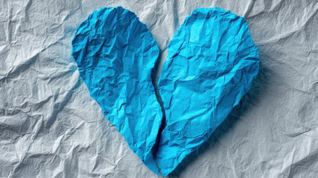 A blue heart shape made of crumpled paper rests on gray textured background. This artistic detail conveys emotions and creativity in a simple design.の素材