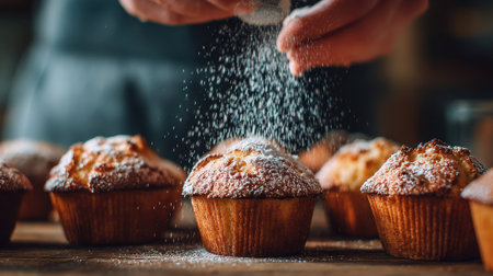 A person is dusting powdered sugar over warm, golden muffins placed on a wooden table. The kitchen has a warm, inviting atmosphere filled with natural light.の素材