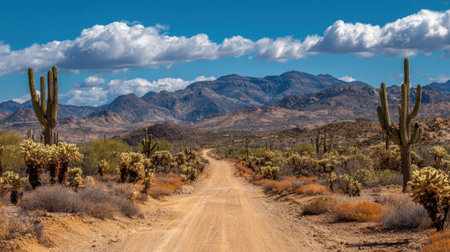 A dirt road winds through a vibrant desert landscape filled with cacti and shrubs. Majestic mountains rise in the background under a clear blue sky with fluffy white clouds, creating a serene scene.の素材