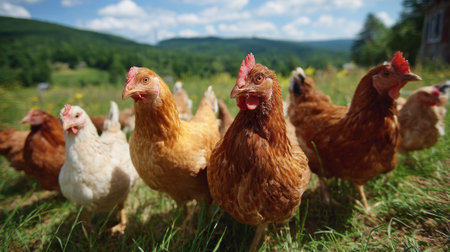 A group of chickens wander the lush green grass under a clear blue sky. They enjoy the warm sun while exploring their peaceful rural environment.の素材