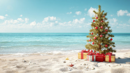 A cheerful Christmas tree adorned with colorful ornaments stands on a sandy beach, surrounded by festive gifts. The calm ocean sparkles in the background under a bright blue sky.の素材
