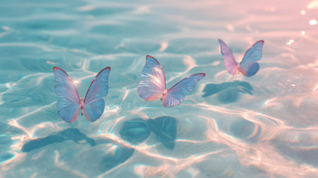 Colorful butterflies glide effortlessly over clear turquoise water, creating a peaceful scene of nature's beauty during a warm, sunny day.の素材