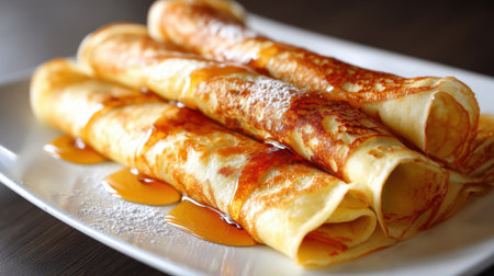 Thin crepes are rolled tightly and arranged on a white plate, drizzled with sweet syrup and lightly sprinkled with powdered sugar, showing a delightful dessert.の素材