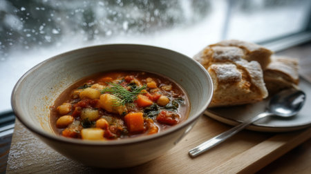Warm, hearty vegetarian soup served in a bowl next to a piece of freshly baked bread during snowfall. The cozy scene invites comfort and relaxation indoors.の素材
