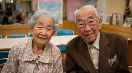An elderly couple sits close together, smiling warmly in a well-lit community center, surrounded by cheerful decor. Their expressions show joy and companionship during a social gathering.の素材