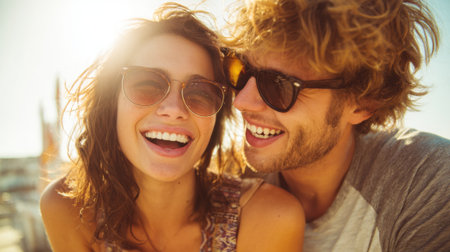 Two young adults sit close together, showing bright smiles in the warm sunlight at a beach. They wear sunglasses and appear relaxed and happy while enjoying their time together.の素材