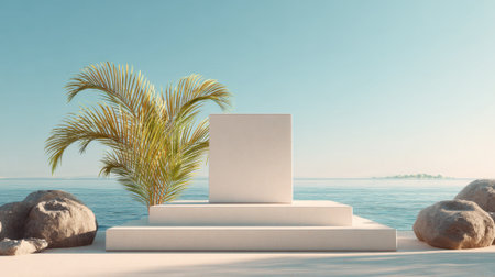 A simple white cube stands on a platform by the ocean. Palm trees and rocks surround the area, creating a peaceful scene under a clear blue sky during sunset.の素材