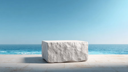 A large, textured white stone table sits on a sunlit terrace. The calm ocean stretches into the distance beneath a bright blue sky. The location invites relaxation and contemplation.の素材
