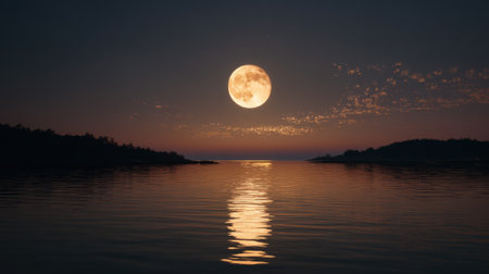 Bright full moon illuminates the serene waters, casting a silver reflection. Soft clouds drift in the twilight sky, while silhouettes of trees complete the peaceful landscape.の素材