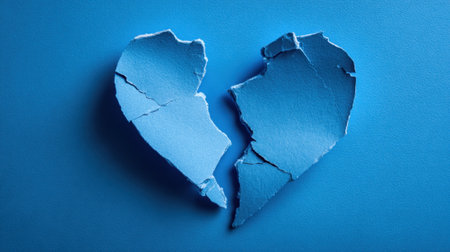 A heart shape made from torn blue paper is displayed against a solid blue background. The pieces are uniquely torn, creating a visual of a broken heart.の素材