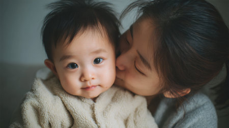 A woman lovingly kisses her baby on the cheek while holding them close. The setting is warm and cozy, providing a sense of comfort and affection between mother and child.の素材