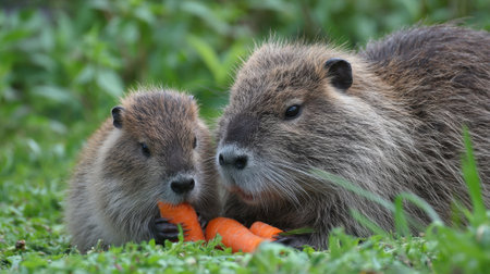 A mother capybara sits next to her baby, both happily munching on carrots in a vibrant green environment. Their fur blends beautifully with the natural surroundings.の素材