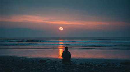 A person sits quietly on the beach, gazing at the sunset. The sky glows with vibrant colors, and the moon rises above the calm ocean waves.の素材