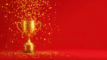 A golden shining trophy is displayed prominently against a vibrant red background. Colorful confetti falls around it, creating a festive atmosphere of celebration and achievement.の素材