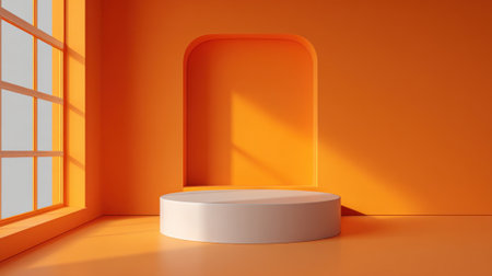 A spacious room features vibrant orange walls and a round white pedestal in the center. Sunlight streams through a large window, creating a warm and inviting atmosphere.の素材