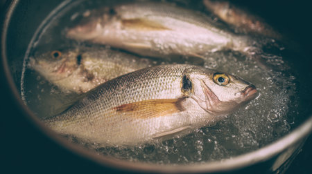 Several fresh fish are being cooked in a pot of bubbling water on the stovetop. The kitchen features a clean, contemporary design with bright lighting and stainless steel appliances.の素材
