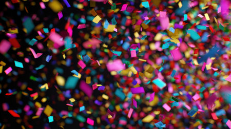 Bright confetti in various shapes and colors fills the air during a lively celebration. The vibrant particles create a joyous and festive environment, perfect for marking a special occasion.の素材