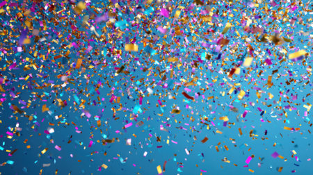 A burst of multicolored confetti fills the air against a bright blue backdrop, creating a joyful atmosphere ideal for celebrations like parties or festivals.の素材