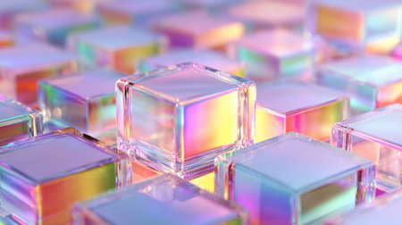 The arrangement features translucent glass blocks reflecting a spectrum of colors under vibrant light, creating a visually captivating effect in the setting.の素材