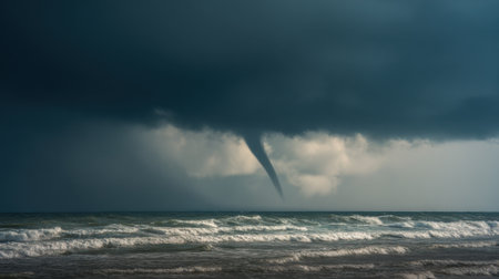 A storm is brewing over the ocean, with a funnel cloud forming in the distance. The sky is dark and ominous, and the waves are crashing against the shore. Scene is tense and forebodingの素材