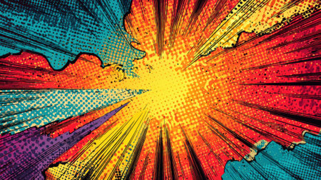 An explosion of color radiates from the center, featuring vibrant reds, yellows, and blues. The dynamic design evokes energy and movement, perfect for artistic projects.の素材