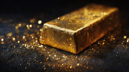 A gold bar is prominently displayed on a dark surface, illuminated to highlight its luster. Surrounding it, fine golden dust reflects light, enhancing the scene's opulence and allure.の素材