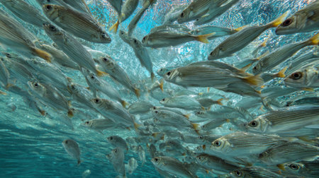 A large school of fish swims synchronously beneath the surface of clear blue water, creating a dynamic underwater spectacle during a sunny day.の素材