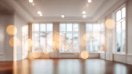 Spacious empty room features large windows that allow natural light to flood in, enhancing the bright ambiance and highlighting the wooden floor during daylight.の素材