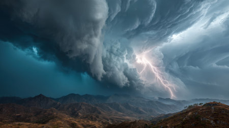 A stormy sky with a large cloud and a lightning bolt. The sky is dark and ominous, and the clouds are looming over the mountains. The lightning bolt is bright and powerful, illuminating the skyの素材