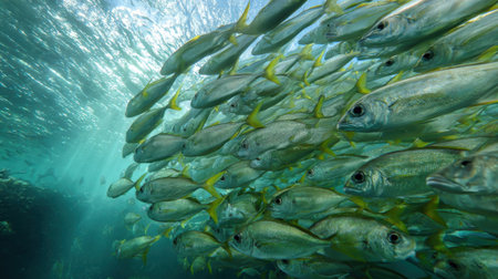 A large school of yellowfin fish swim gracefully beneath the surface, surrounded by shimmering light and colorful coral reefs. The underwater world showcases the beauty of marine life.の素材