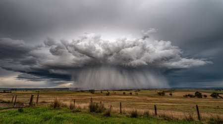 A storm cloud is in the sky and it is raining. The sky is dark and glowy. Scene is somber and ominousの素材
