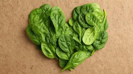 Fresh spinach leaves are creatively arranged to form a heart shape against a rustic brown surface, highlighting the beauty of healthy eating and nature's bounty.の素材