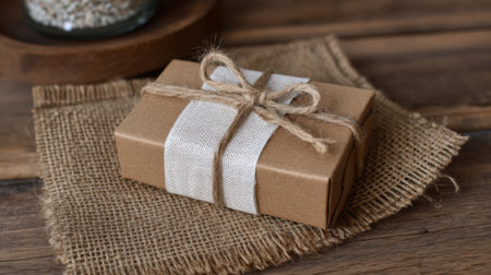 A neatly wrapped brown gift box tied with twine sits atop a piece of burlap on a wooden table. The warm atmosphere is enhanced by soft decor elements nearby.の素材
