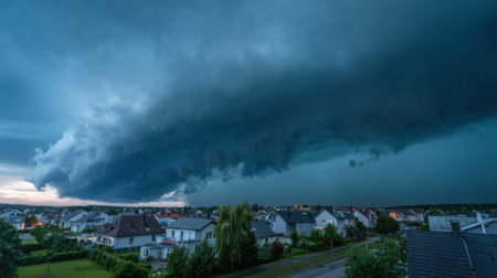 Dark storm clouds loom ominously over a quiet neighborhood, creating a contrasting backdrop against the fading twilight. Quiet streets below suggest impending weather changes.の素材