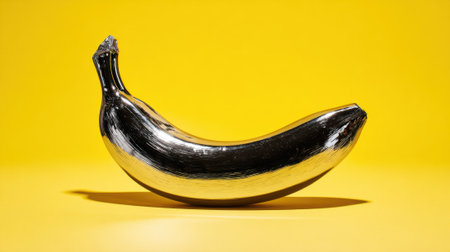 A shiny silver banana is sitting on a yellow background. The shiny surface of the banana reflects the light, creating a sense of depth and dimension. The image conveys a feeling of luxuryの素材