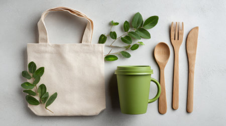 A picnic arrangement features a beige reusable bag, a green cup, wooden utensils, and fresh green leaves against a light background, promoting sustainability and outdoor enjoyment.の素材