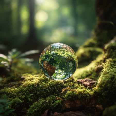 A crystal sphere rests on soft moss, showing a vibrant reflection of the surrounding green forest. Sunlight filters through the trees, enhancing the tranquil atmosphere.の素材
