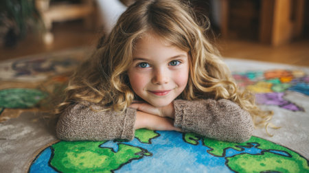 A young girl with long curly hair shows a bright smile as she lays on a vibrant world map rug. The cozy room is filled with natural light, creating a warm atmosphere.の素材
