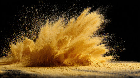 A vibrant burst of yellow powder disperses in the air, creating a dramatic effect against a contrasting dark background. This dynamic moment captures the energy of artistic experimentation.の素材