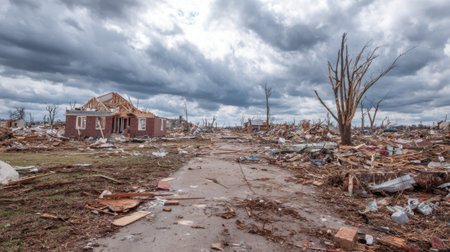 A tornado ripped through a rural area, leaving behind a landscape of destruction with damaged homes, downed trees, and debris scattered everywhere under a cloudy sky.の素材