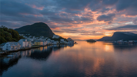 A stunning sunset illuminates the sky over a picturesque coastal village in Norway, surrounded by mountains and calm waters reflecting vibrant colors. This peaceful landscape invites tranquility.の素材