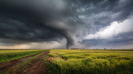 A powerful tornado begins to form against a backdrop of dark storm clouds, casting an ominous shadow over a vibrant green field in this dramatic weather event.の素材