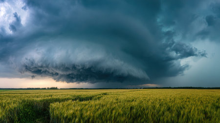 Dark, swirling clouds loom above a vast wheat field, creating a striking contrast with the vibrant yellow crops under a moody sky during late afternoon.の素材
