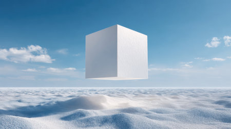 A white cube floats effortlessly in the sky above a landscape of light sandy hills. The scene is illuminated by a clear blue sky, creating a tranquil atmosphere.の素材