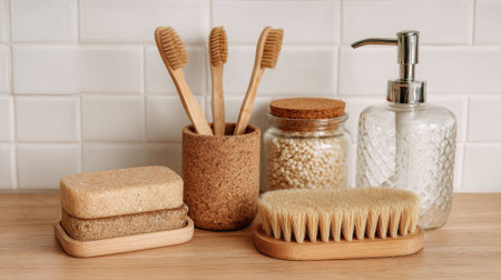 A collection of sustainable bathroom accessories including bamboo toothbrushes, a soap dispenser, and various natural cleaning products displayed neatly on a wooden surface.の素材